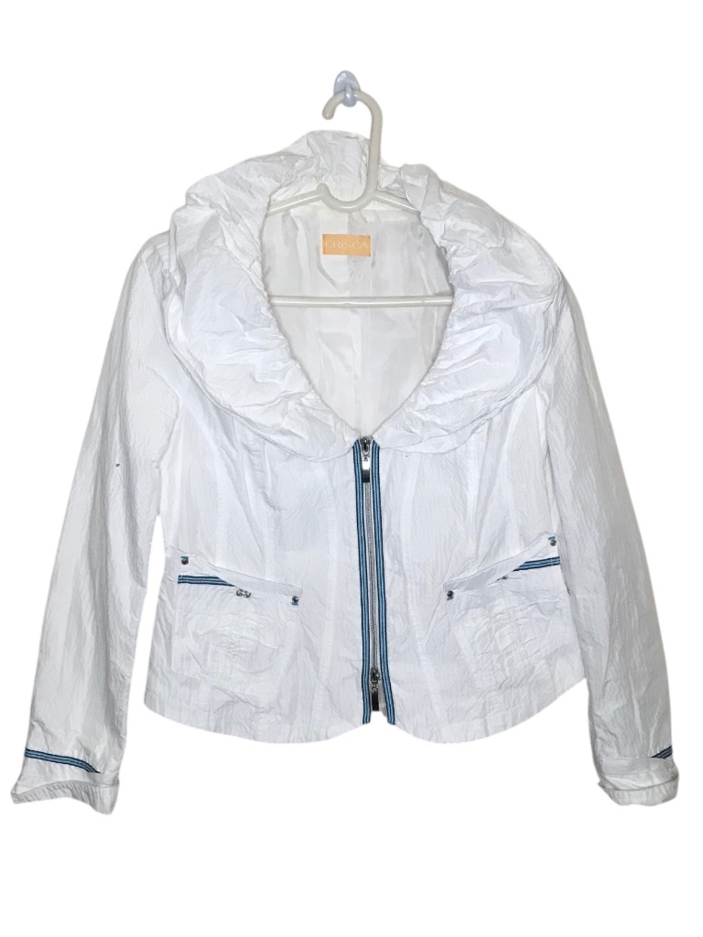 Crisca White Crinkle Zip Jacket Lightweight Oversized Collar Jacket Size L